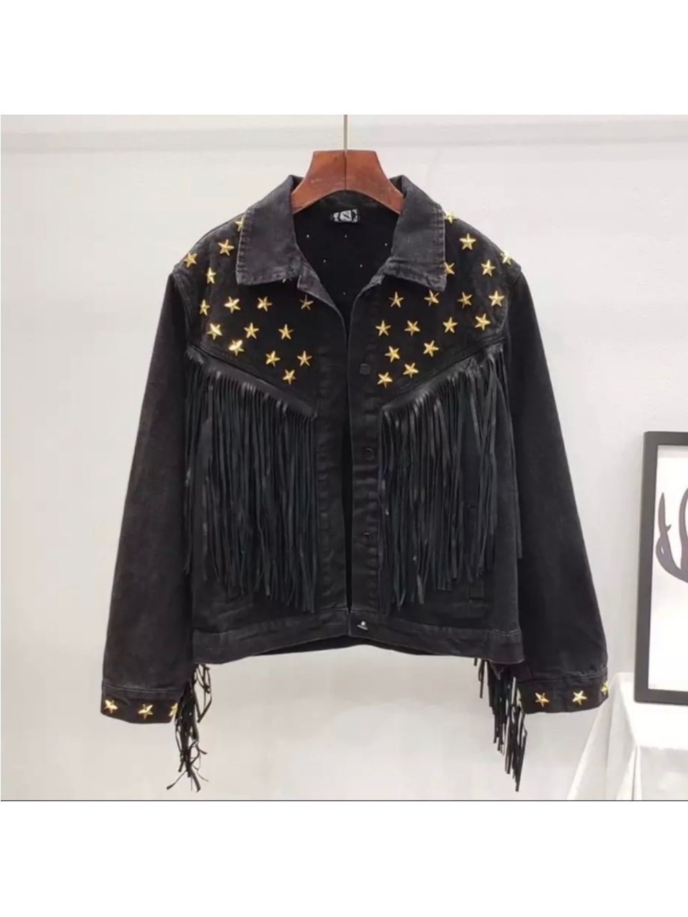 Black Star-Stud Fringe Women's Jacket